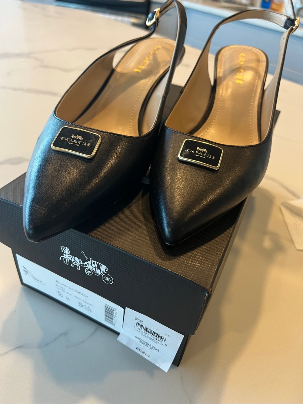 COACH Black Leather Pointed Slingback Mules with Gold Logo Plaque